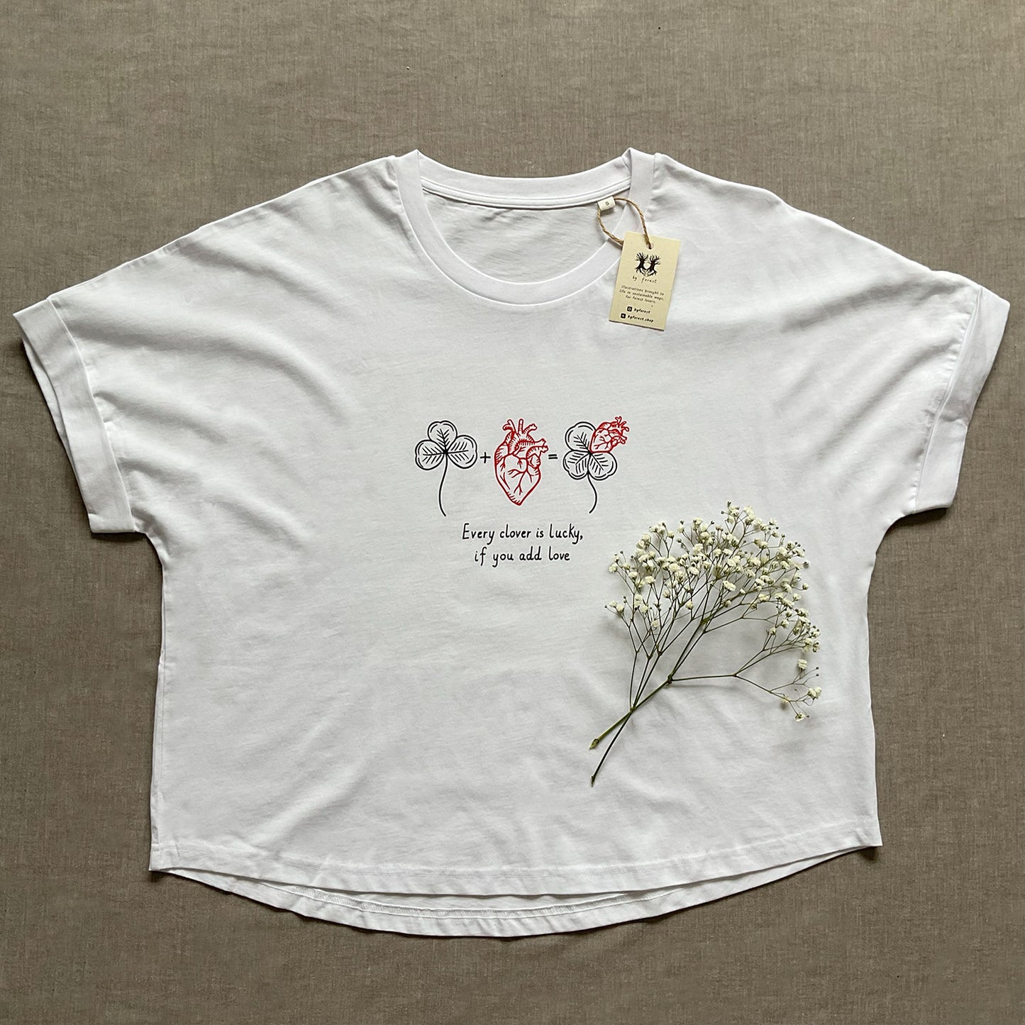 Tricou cu mâneci rulate "Every clover is lucky", White